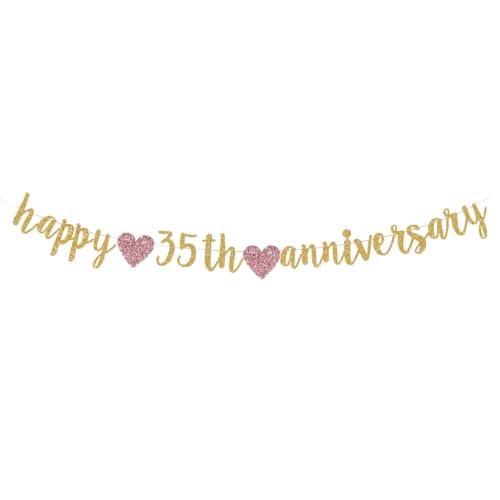 Happy 35TH Anniversary Banner Sign Gold Paper Glitter Party Decorations for 35TH Wedding Anniversary Party Supplies Letters Gold QWLQIAO