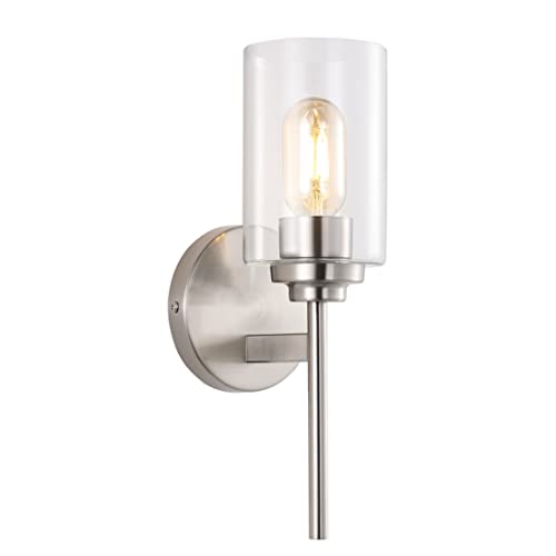 Image of JONATHAN Y 13 inch Nickel /Clear Industrial Farmhouse LED Wall Sconce, with Clear Glass Cylinder Shade, 1-Light Iron Vanity Light for Bathroom Mirror Hallway Bedroom (JYL9547C)