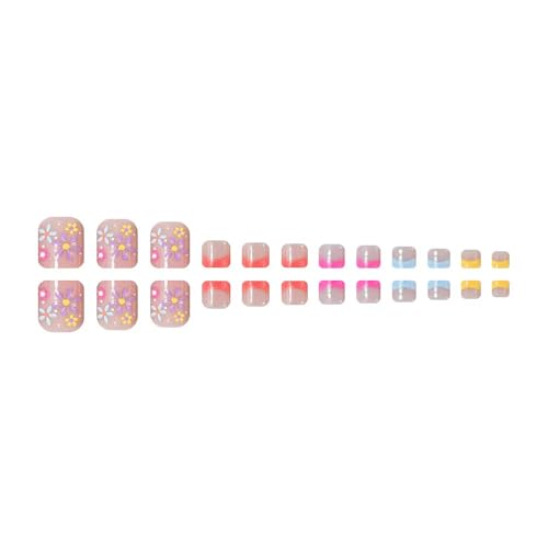 Image of Flower Press on Toenails Colorful French Tip Fake Toe Nails with Floral Design Spring Glue on Nails Reusable Artificial Acrylic Full Cover Short Square Stick on Toes for Women Girls Manicure 24 Pcs