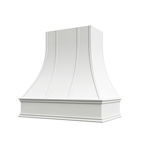 Riley & Higgs Curved Front White Range Hood Cover With Decorative Molding – Wall Mounted Wood Range Hood Covers, Plywood and Maple (31.5 W x 36 H inches)