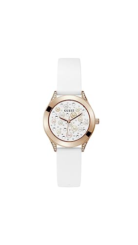 GUESS Montre Tendance pour Femme en Cristal 36 mm, Blanc/Ton Or Rose/Blanc, Taille Unique, Perle