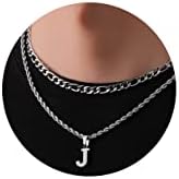 WEDDINEN Layered Initial Letter Pendant Necklace for Men Figaro Twist Rope Chain Necklace Jewelry Gift for Men Boys Silver J