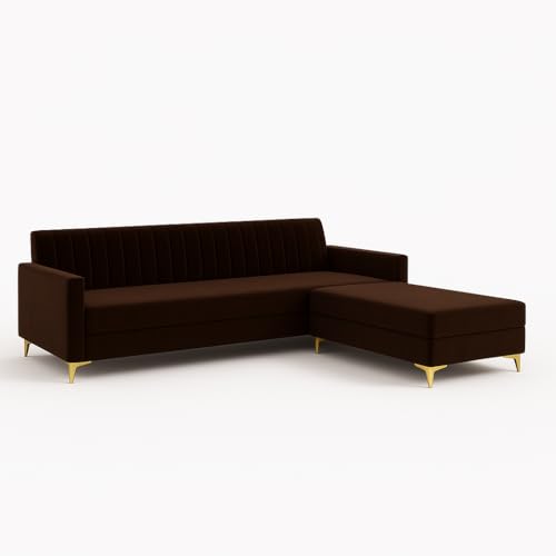Image of SOCOZI Morello 4 Seater L Shape Sofa Set with Movable Ottoman | Flexible Left or Right Layout | Soft Velvet Suede Fabric | Modern Design | Plush Comfort Cushions for Living Room (Dark Brown)