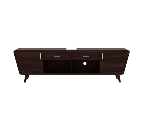 Image of Sheesham Wood TV Unit with 2 Drawers, 2 Shelves, and 2-Door Storage - Fits up to 60-inch TV - Solid Living Room Furniture (Ezra, Walnut Finish)