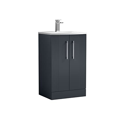 Image of nuie DPF1423G Deco Modern Bathroom Floor Standing 2 Door Part Fluted Vanity Unit with Curved Ceramic Basin, Satin Anthracite