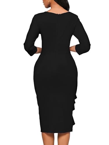 Image of Church Dresses for Women 3 /4 Sleeve Ruffle Vintage Bodycon Cocktail Work Midi Pencil Dress
