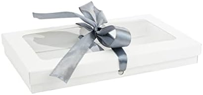 Emartbuy Pack of 12 Rectangle Shaped Presentation Gift Box, 21 cm x 12.5 cm x 2.5 cm, Brown Kraft Box with Clear Lid and Satin Ribbon
