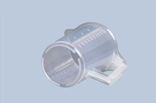 hünersdorff Messbecher 1l | Polypropylen (PP) | bruchsicher und spülmaschinengeeignet | geschlossener Griff | blaue Skala, Transparent+blau