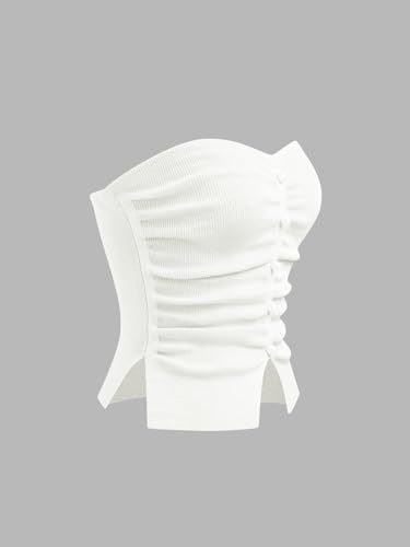 Image of CIDER Faux Pearl Tube Tops for Women Split Hem Knit Crop Y2K Going Out Tops | Cute Ruched Tops, Spring Summer Outfits, Vacation, Concert