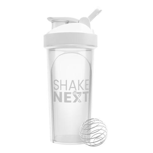 ShakeNext® | Proteinshaker Flasche 700ml mit Mixball Edelstahl + Mixsieb für Fitness Eiweiß & Protein-Shakes - Auslaufsicherer Deckel mit Schlaufe, Spülmaschinenfest, passt in Getränkehalter (weiß)