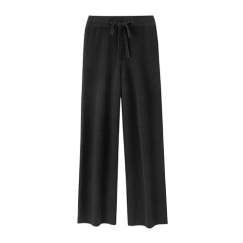 Image of Women Merino Wool Pants, Loose Basic Casual Straight Wide Leg Trousers Black