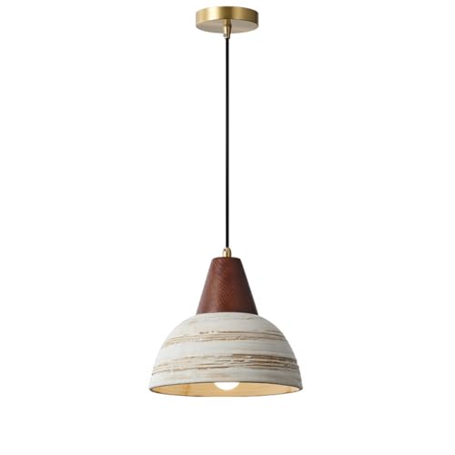 NICRX Lámpara colgante vintage de cerámica con madera, casquillo E27, cable ajustable de 150cm, lámpara rústica estilo Japandi para salón, comedor, dormitorio o cafetería (23cm)