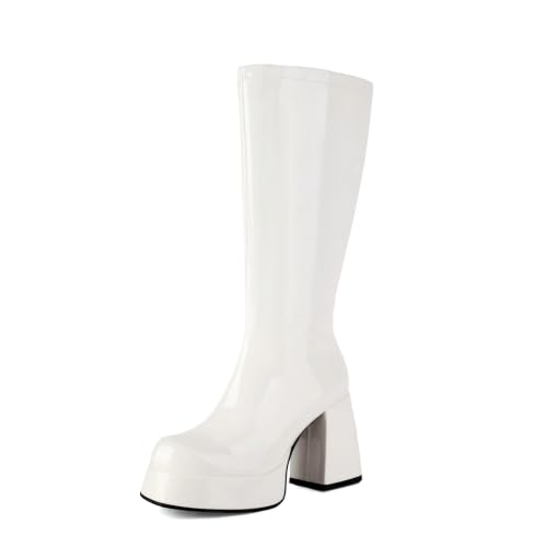 OAOKUSI Womens White Gogo Boots Knee High Platform Chunky Heel Square Toe Patent Leather 70s Disco Costume Boots for Party Halloween Cosplay(US8)