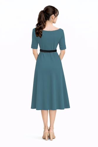 Image of Women's Elegant Midi Dress with Belt | Half Sleeve Fit & Flare Casual Dress | Knee Length Office Party Western Dress for Women