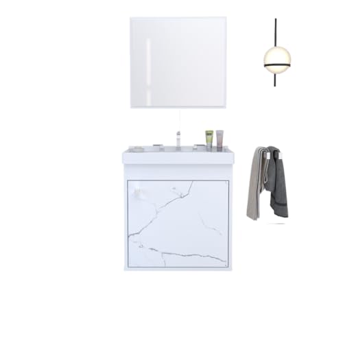 Kit Gabinete Banheiro Armario Cuba Pia Com Espelheira(Branco Marmorizado)