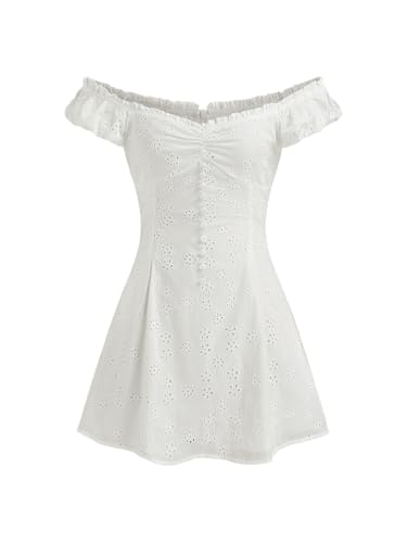CIDER Summer Mini Dress Off Shoulder Broderie Anglaise Button Short