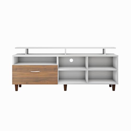 Image of VIKI Modern TV Unit for Living Room | Engineered Wood TV Cabinet with 1 Drawer Storage, 2 Open Shelves & Extension, Entertainment Unit, 140W x 48H x 40D cm | DIY | 1 Year Warranty (White & Walnut)