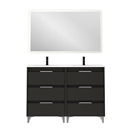 AMIZUVA - Ensemble Meuble de Salle de Bain Suki avec 6 Tiroirs - Largeur 120 cm - Comprend 2 Lavabos en Céramique - Finition Anthracite Brillant - Meuble Double Vasque - Meuble Bas de Lavabo