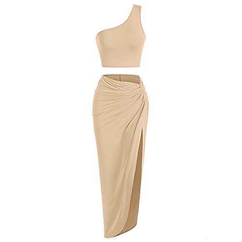 Image of ZAFUL Women's Casual Sleeveless Summer Two Piece Outfits Crop Top and Side Split Draped Ruched Maxi Skirt Set Solid Suiting