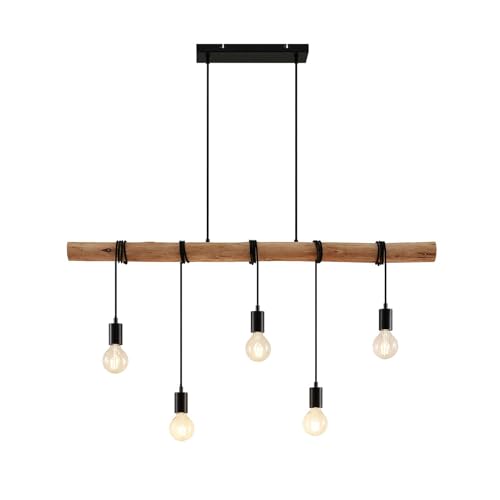 Lindby Lampadario vintage in legno e metallo nero, adatto per 5 lampadine E27, trave rustica e vera corda, lampada a sospensione retrò per cucina, taverna, sala da pranzo, bancone bar ristorante