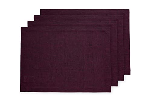 Solino Home Linen Placemats Set of 4-100% Pure Linen Chambray Burgundy Cloth Placemats 14 x 19 Inch for Fall, Autumn, Thanksgiving, Christmas, Holiday - Athena