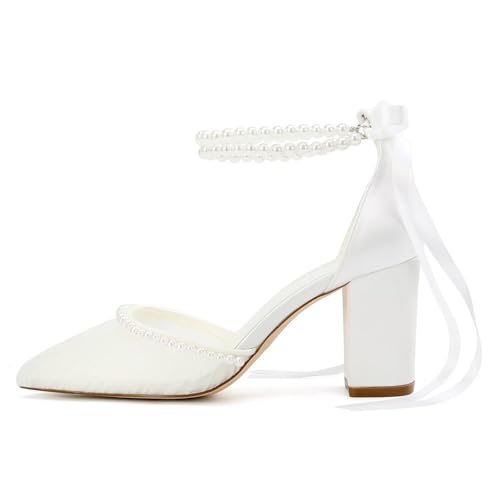 Block Heel Wedding Shoes for Bride Pearl Heels Bridal Shoes Closed Toe Wedding Heels3