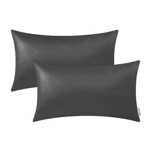 Image of BRAWARM Pack of 2 Cozy Bolster Pillow Covers Cases for Couch Sofa Bed Solid Faux Leather Soft Luxury Cushion Covers Both Sides Home Decoration 12 X 20 Inches Charcoal Gray
