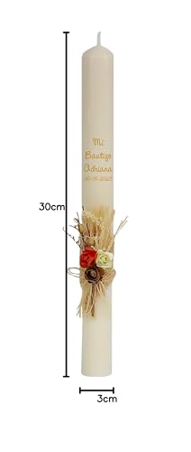 Miniatura 5 de Vela Cirio Bautizo Para Niño O Niña, De Cera Beig. Medida 3x30 Cm Decorada Con Pick Floral Rústico