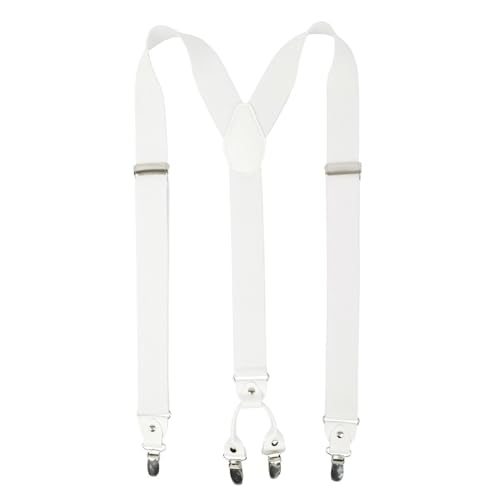 PAPA LEGGENDA Mens Heavy Duty Suspenders Clip on Suspenders For Men White Adjustable Elastic Shoulder Straps with 4 Super Strong Metal Clips Trousers and Formal Wear