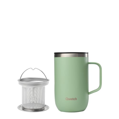 QWETCH - Mug Isotherme Inox Recyclé avec Anse & Filtre Infuseur Vert Tilleul - Tisanière Isotherme 470ml - Thermo Café & Thé - 6h Chaud & 12h Froid - Bouchon...