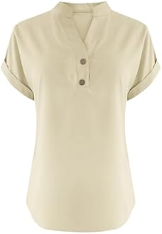 Ladies Tops 2025 Women's Summer Cotton Linen Cap Sleeve T-Shirt Button V Neck Tunic Tops Fashion Baggy Solid Plain Shirts Trendy Blouse 1