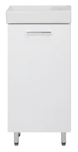 VBChome Badunterschrank 40x85x22 cm Weiß stehend – Waschtischunterschrank mit Keramik-Waschbecken & Armaturloch – Modernes Badezimmermöbel Set für kleine Bäder