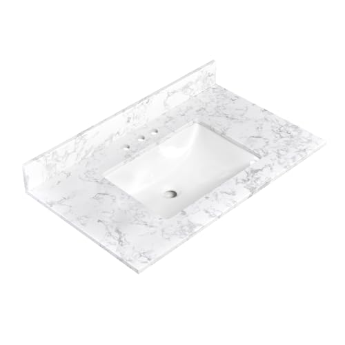 36x22 Inch Bathroom Vanity Tops, White Engineered Stone Vanity Top with Sink for Bathrooms with Middle Sink, Vanity Countertop 8 Inch Faucet 3 Hole Spread with Backsplash (Not included Faucet)