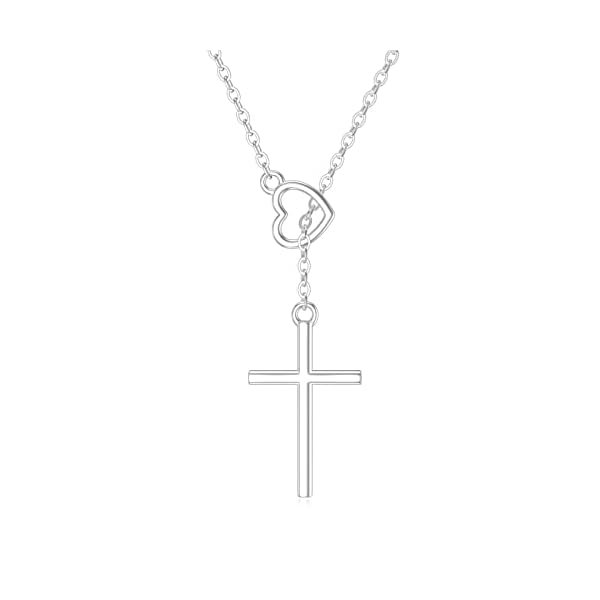 SISGEM 14K Real Gold Cross Necklace for Women,Yellow/White Gold Small Heart Cross Y-Necklaces,Anniversary Birthday Jewelry Present for Wife Mom 16''+2''