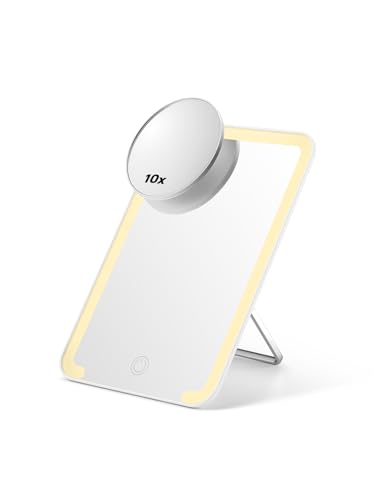 OMIRO Lighted Makeup Mirror with 10X Magnifying Mirror, 8 x 5 inches Desk Mirror with Adjustable Stand and 3 Lighting Modes for Shaving and Travelling, White