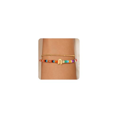 Image of Eaciy Colorful Initial Bracelets for Women Girls - 14K Gold Plated Initial Letter Daint A-Z Charm Bracelet Summer Jewelry Teen Girl Gifts for Teen Kids