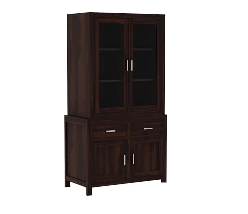 AMAZART FURNITURE Solid Sheesham Wood Sideboard Cabinet for Living Room | Wooden Crockery Cabinet with 2 Acrylic Glass Doors, 2 Door Cabinet & 2 Drawers | Kitchen Display Unit | Walnut
