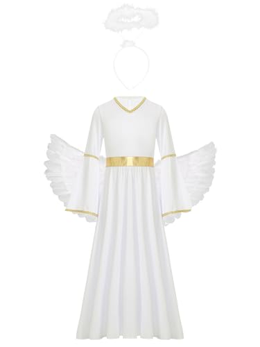Miutii Vestido Ángel Niña Traje Ángel con Alas Y Aura Vestido Navidad Maxi Fiesta Halloween Carnaval O Fiestas Blanco 11-12 años