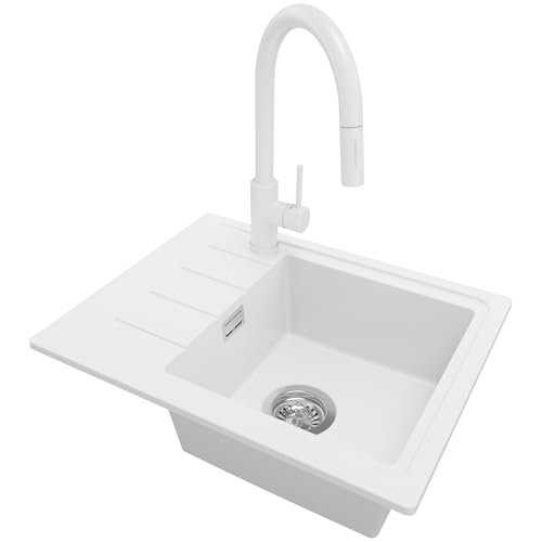 PRIMAGRAN Lavandino da Cucina Bianco 55x44cm, Lavello in Granito a 1 vasca + Rubinetto 40x20cm + Set di accessori, Lavabo da Cucina Incasso al Mobile 45cm - Copenhagen Easy S021