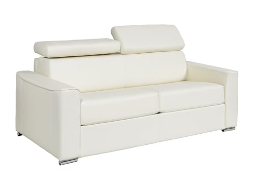 Vente-unique - Canapé 4 Places Convertible Express en Cuir de Buffle Blanc - Couchage à Lattes Larges 160 cm - Matelas 14 cm