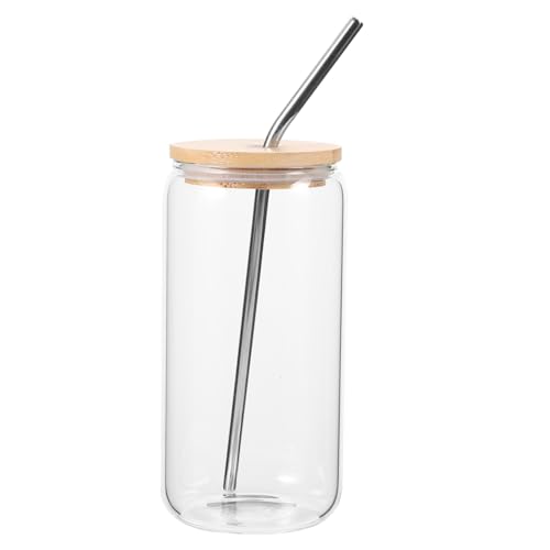GLEAVI Vaso de Vidrio Tapa de Bambú y Pajita de Acero Inoxidable Resistente y Práctico para Bebidas como Café Jugos y Leche para Uso Doméstico y Regalo Elegante