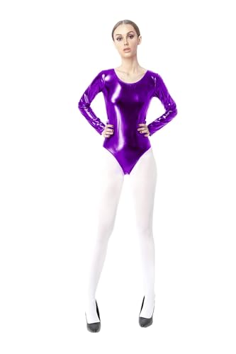 Carnavalife Maillot Ballet Brillo Mujer, Maillot gimnasia ritmica Mujer, Mallot de ballet/danza Manga Larga,Camiseta Body para Mujer, Pide dos tallas más por favor (S, ZP158 MORADO)