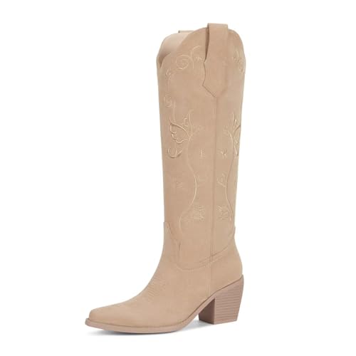 Image of wetkiss Cowboy Boots for Women Knee High, Low Heeled Stable and Comfortable | Knee High Cowgirl Boots,Western Boots with Embroidery,Pull On,Slip On,Non-slip Rubber Sole,Soft and Breathable PU Leather