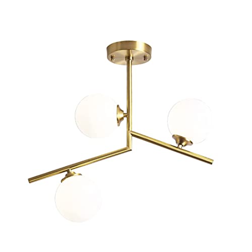 Lustre molécule en laiton or pour moderniser un plafond bas sans l'encombrer
