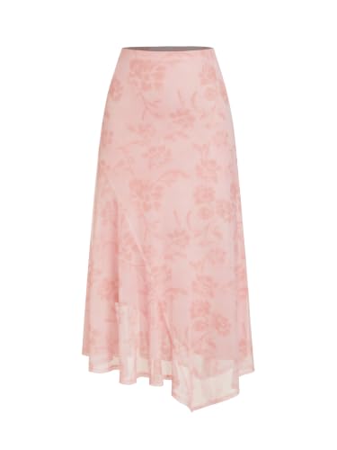 CIDER Skirts for Women Floral Mesh Maxi Asymmetrical Mid Waist Long Fall Skirts Western Concert Outfits: Pink, S