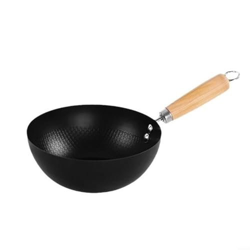 Momfin Wok de hierro fundido para cocina de inducción y estufa de gas, hierro forjado antiadherente para mini sartén con mango de madera para una sola porción, negro 20 cm (18 cm)