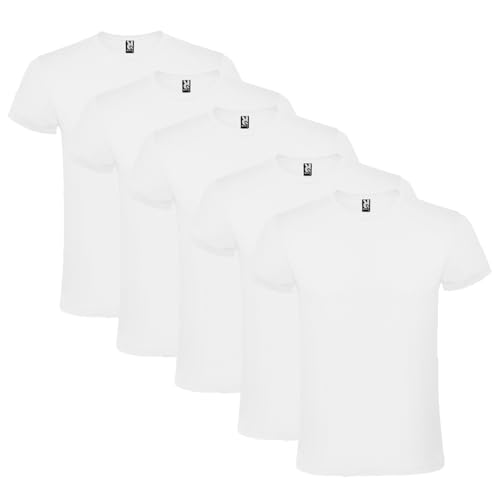 Pack 5 | Camiseta Hombre Manga Corta | Algodón Peinado | Cuello Redondo | Punto Liso (Blanco, L)