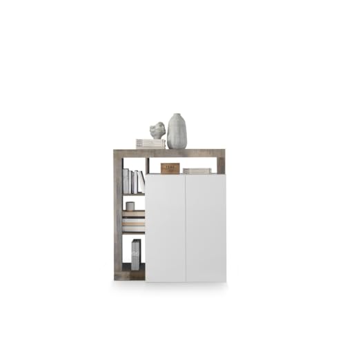 Credenza Alta A 2 Ante, Collezione Bura, Color Bianco Lucido Laccato E Rovere Chiaro.