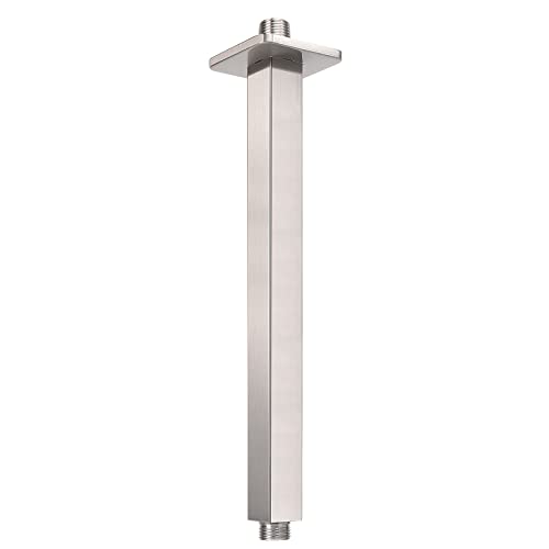 Image of Ceiling Mounted Shower Arm, Rain Shower Square Extension Arm with Flange and Teflon Tape Stainless Steel Ceiling Mount Shower Extender (12 Inch, Brushed Nickel)