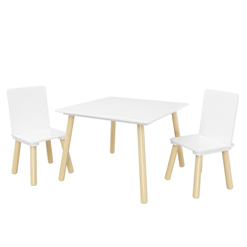 Image of Wood Table & Chairs 3 Pieces Set, Boys Girls Activity Table w / 2 Chairs, Solid Wood Legs, Safe Rounded Corners, Playroom Furniture for Boys & Girls Activity Dining Drawing Craft.